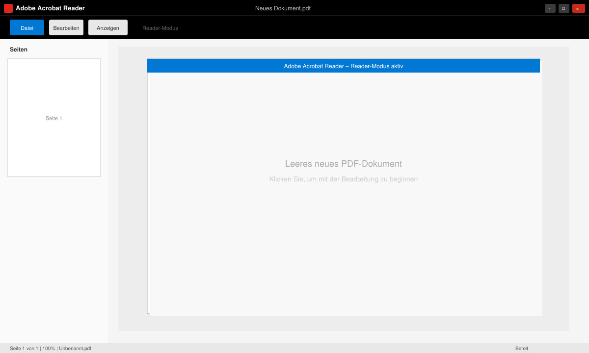 Erfolgreich geöffnetes Adobe Acrobat-Fenster mit leerem PDF-Dokument