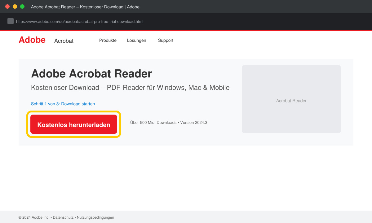 Browserfenster mit der Adobe-Download-Seite und hervorgehobenem Button