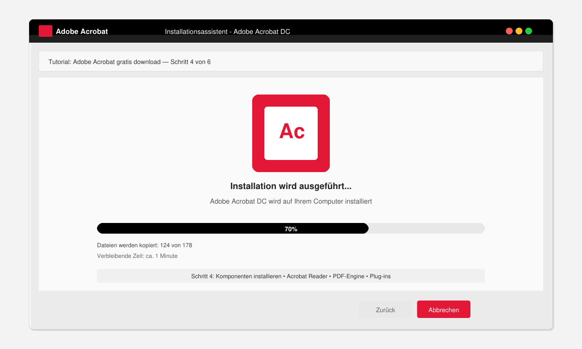 Installationsassistent von Adobe Acrobat mit Fortschrittsanzeige