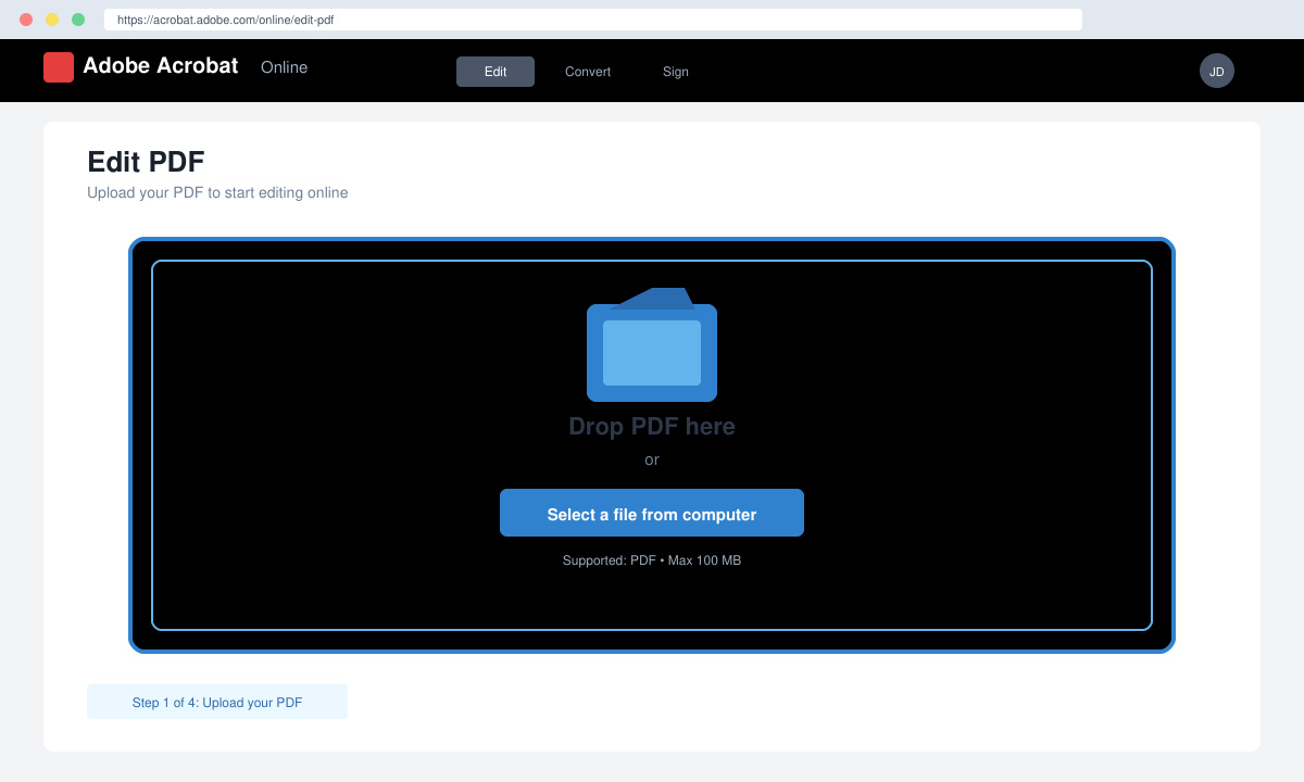 Adobe Acrobat Online Edit upload screen