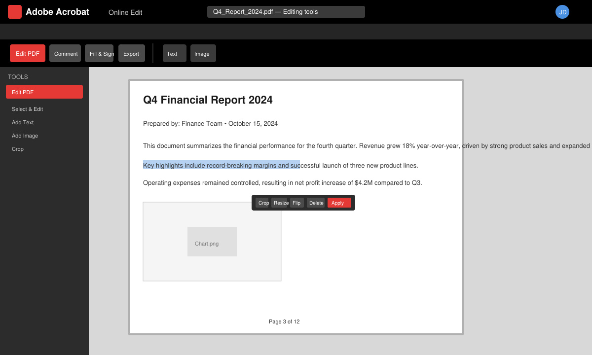 Adobe Acrobat Online Edit text and image adjustment tools