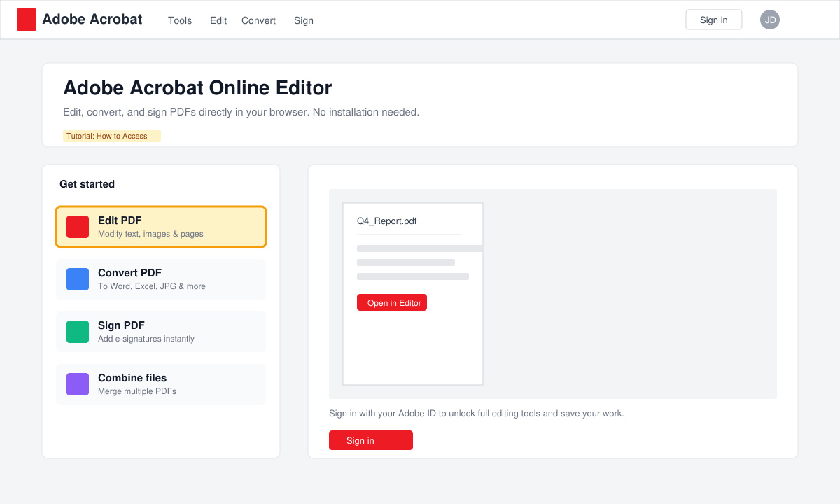 Browser window showing the sign-in screen and Edit PDF button highlighted