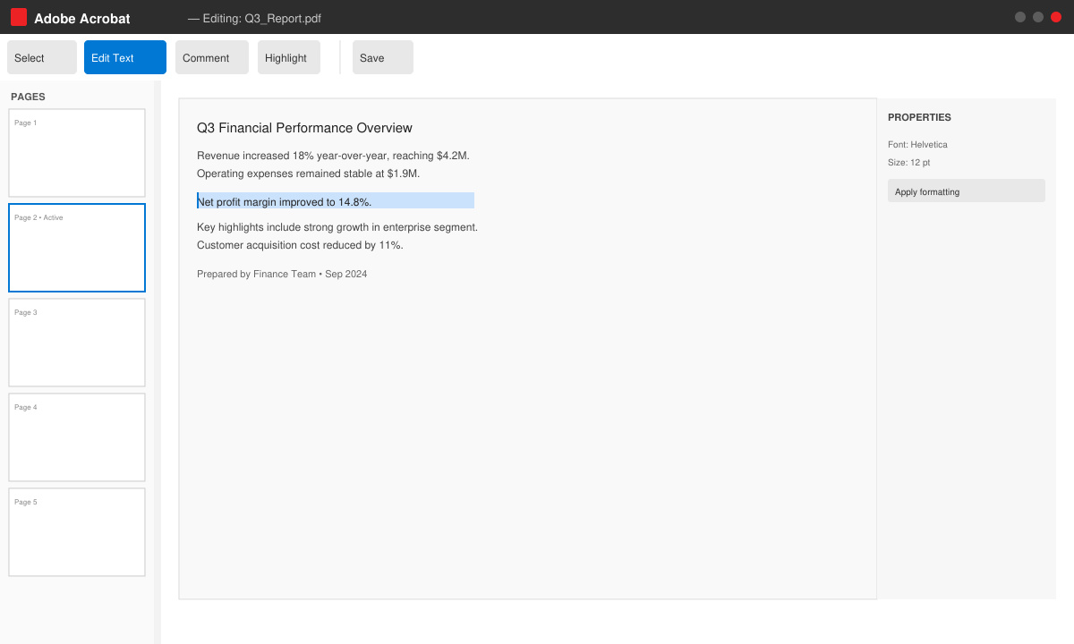 Close-up of the editing workspace with text tool active and page thumbnails visible