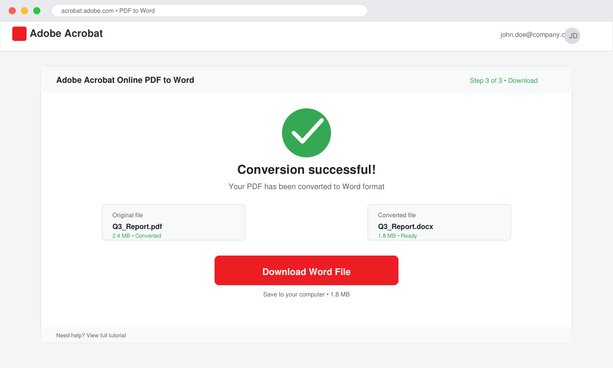 Download screen after successful PDF to Word conversion showing the Download button