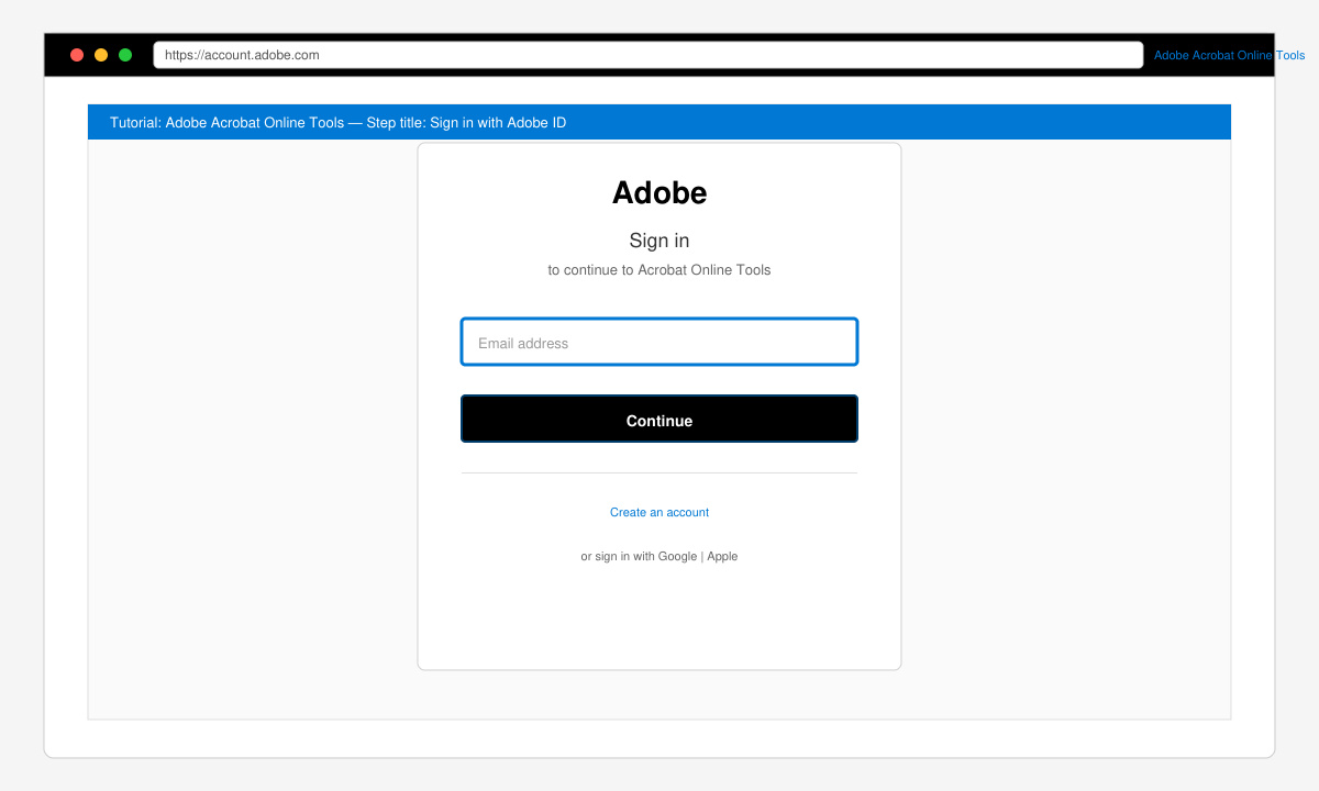 Adobe login screen for accessing Acrobat Online Tools