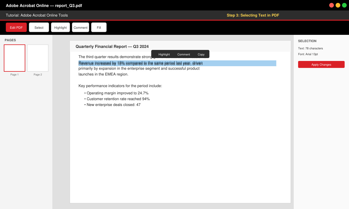 Edited PDF open in Adobe Acrobat Online Tools with changes highlighted