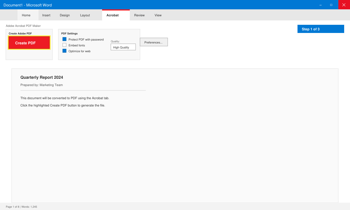 Close-up of the Acrobat tab in Word showing the Create PDF button and settings menu