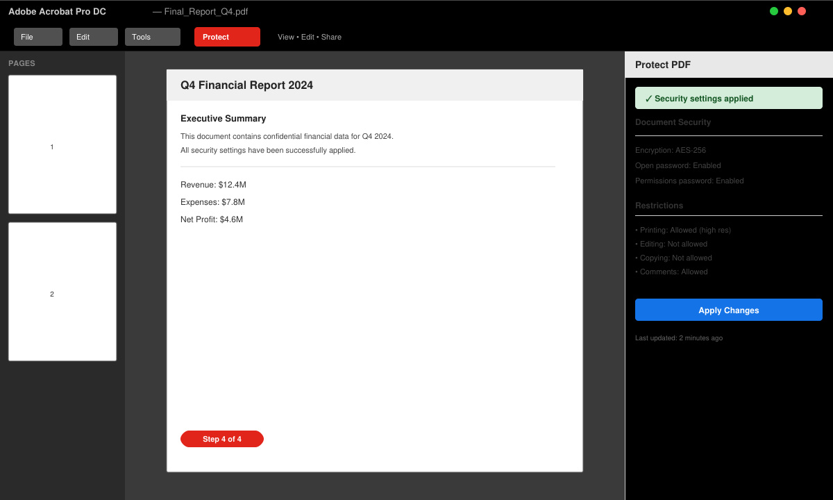 Resulting PDF open in Adobe Acrobat with the security settings panel visible on the right