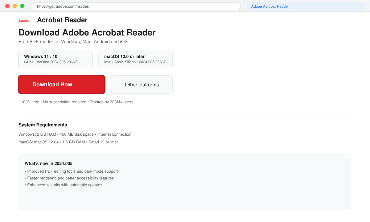 Adobe Acrobat PDF Reader Free download screen with operating system selection
