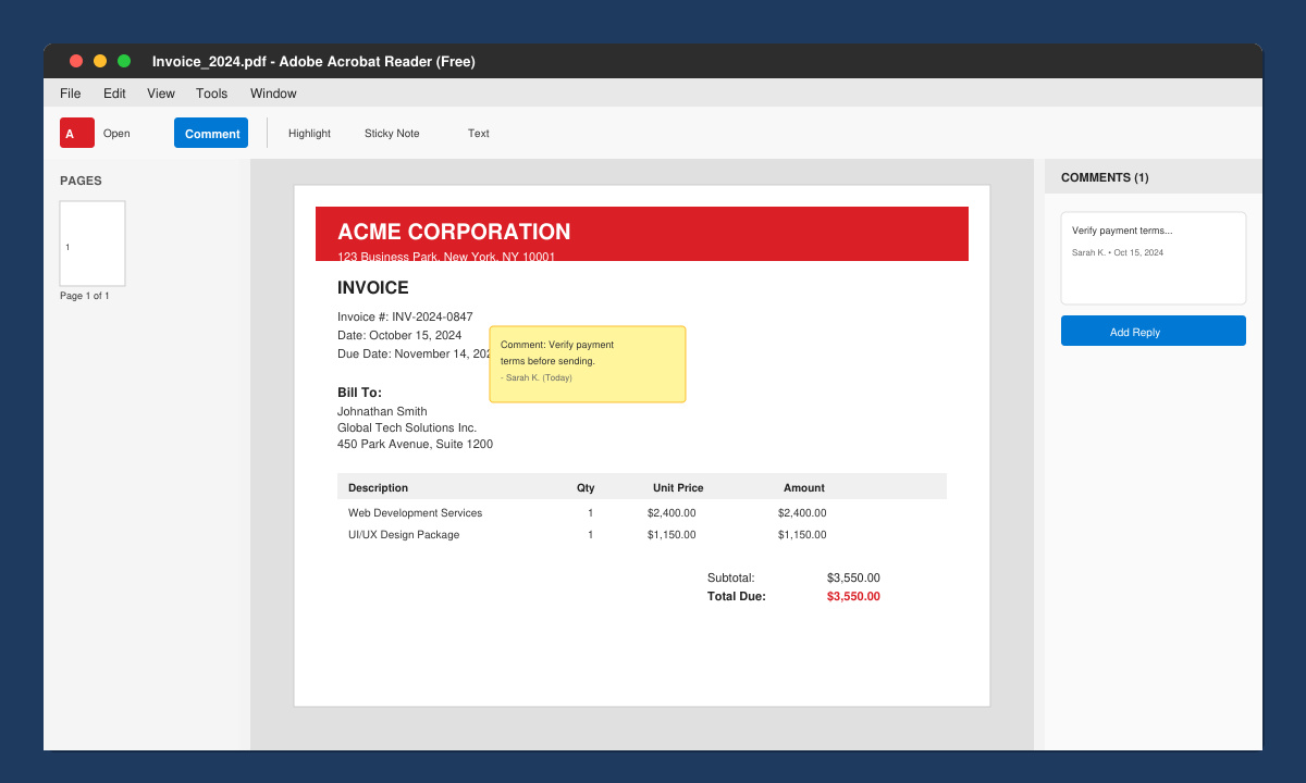 Adobe Acrobat PDF Reader Free installed and displaying a sample PDF with annotation tools visible