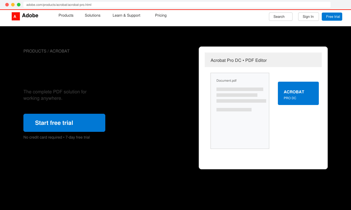 Screenshot of the Adobe website with the Free Trial button clearly visible on the Acrobat Pro DC page