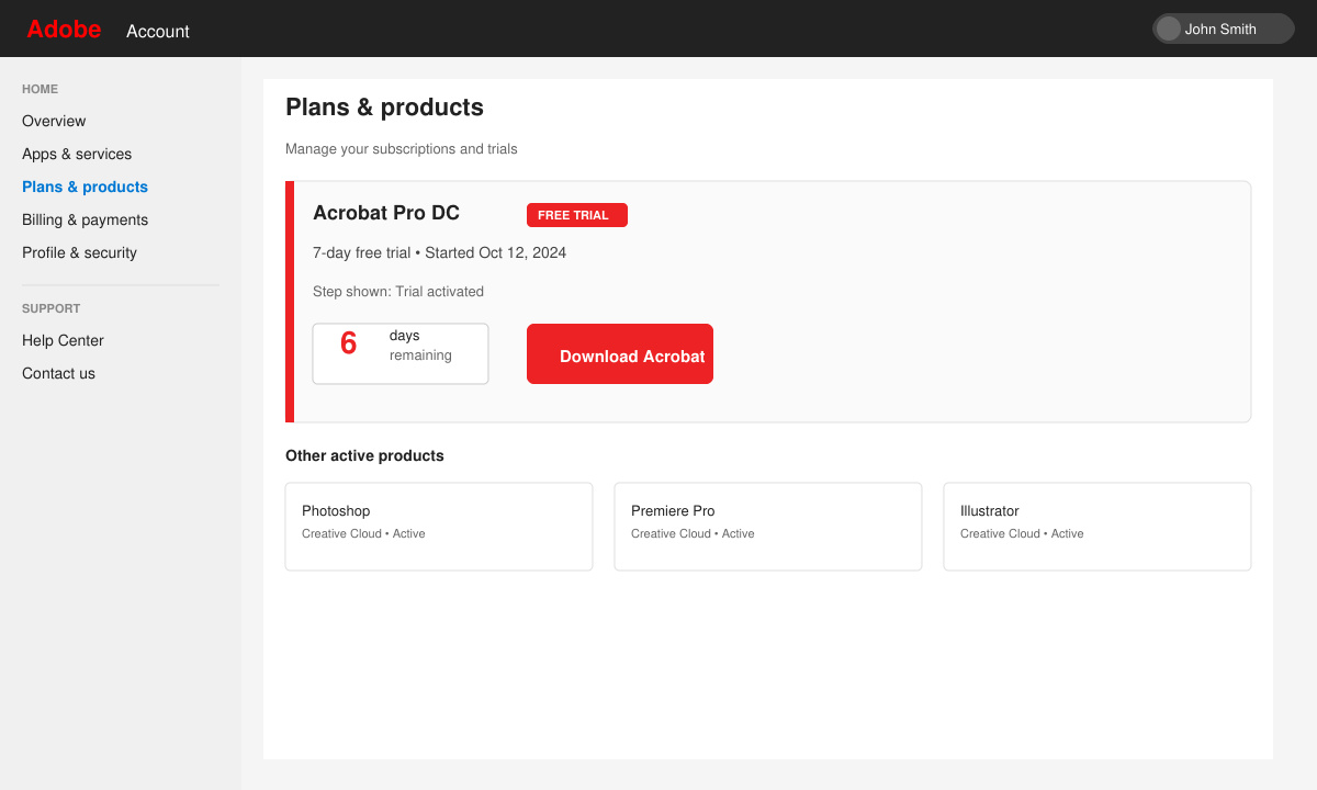 Adobe account dashboard showing the active Acrobat Pro DC Free Trial status and remaining days