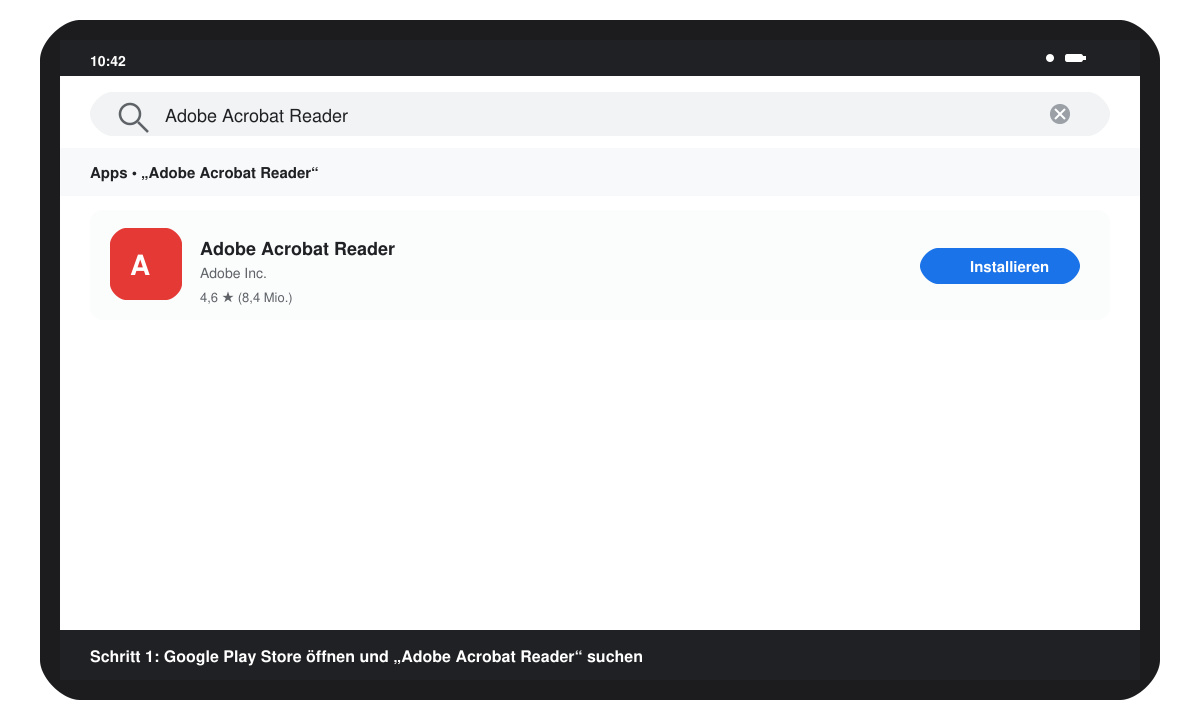 Screenshot des Google Play Store mit der Suchleiste und dem Suchbegriff Adobe Acrobat Reader