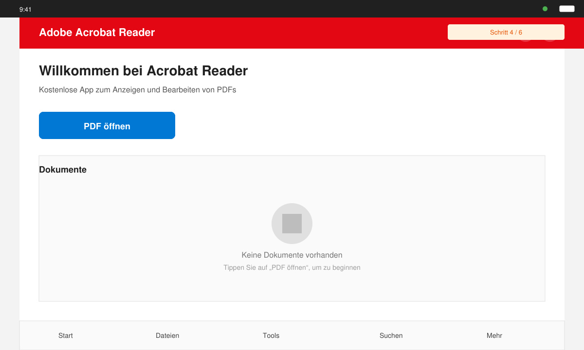 Erster Startbildschirm der App mit der Option „PDF öffnen“ und leerem Dokumentenbereich