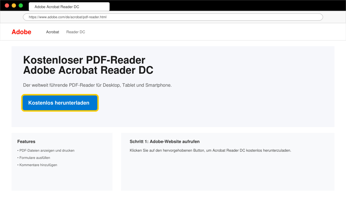 Browserfenster mit Adobe Download-Button für Acrobat Reader DC