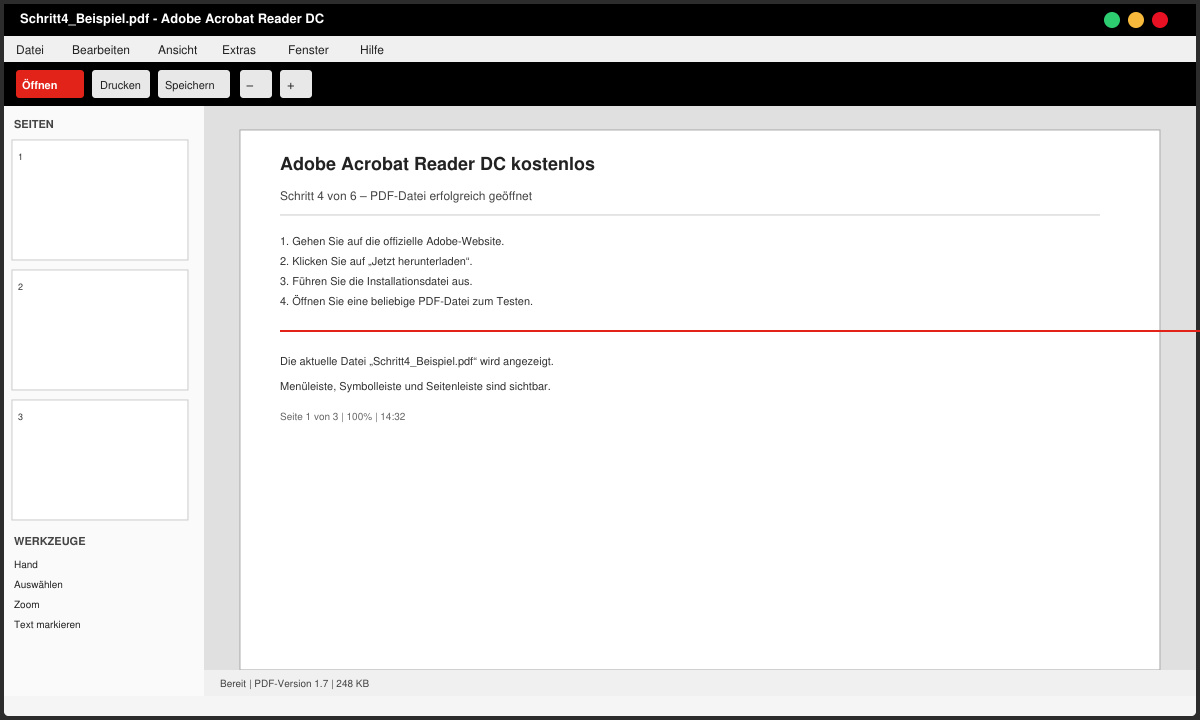 Installierter Adobe Acrobat Reader DC mit geöffneter PDF-Datei