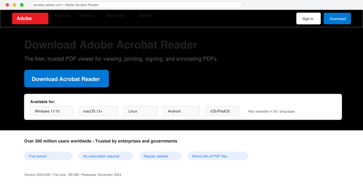 Adobe Acrobat Reader Download Page