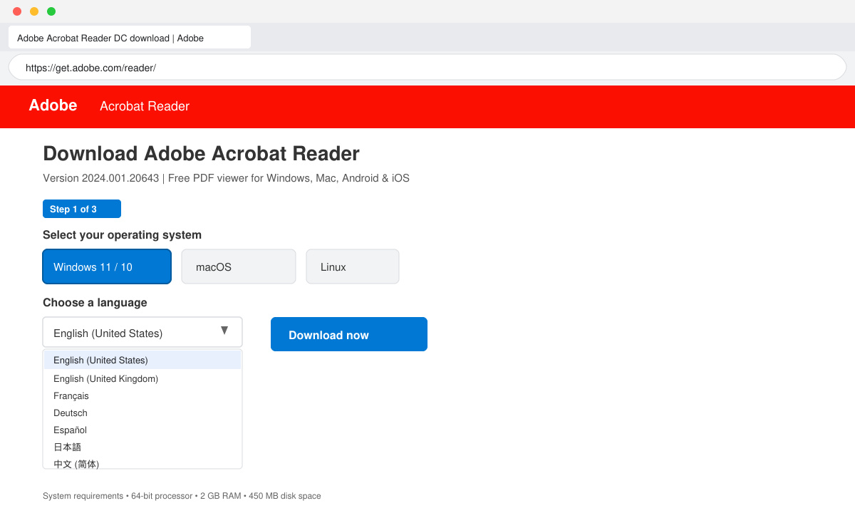 Browser window displaying the clean Adobe download interface with OS selector