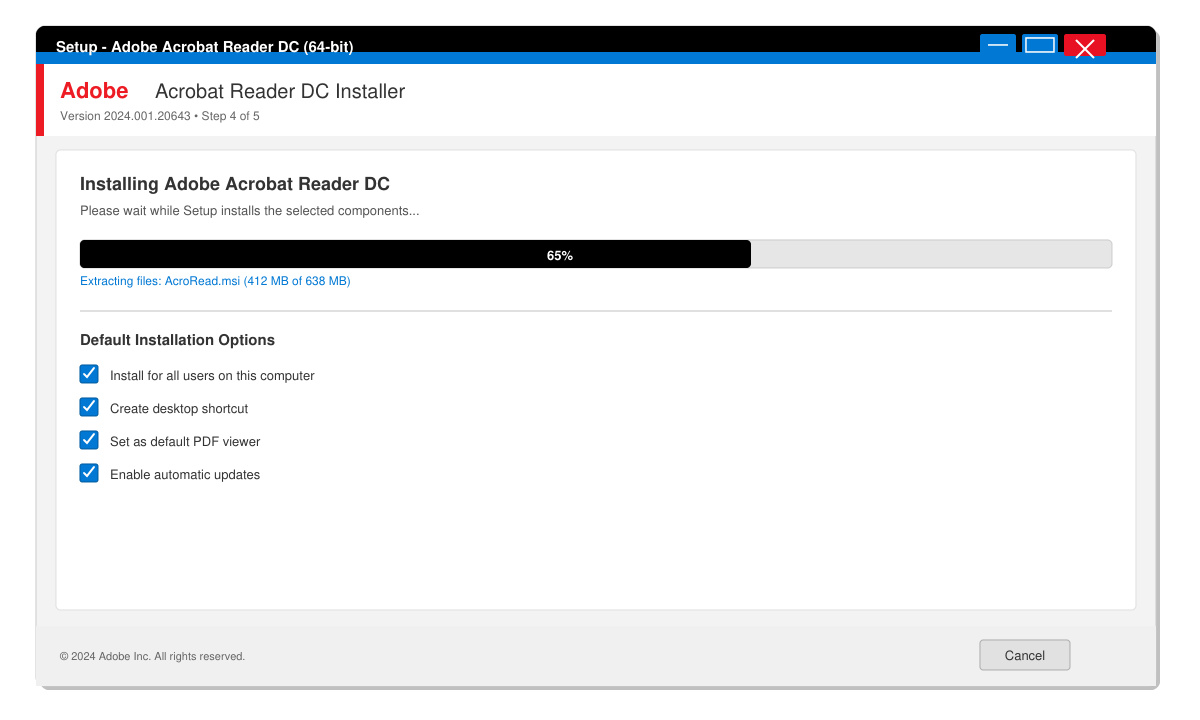Installer wizard running on a desktop with progress bar and default options selected