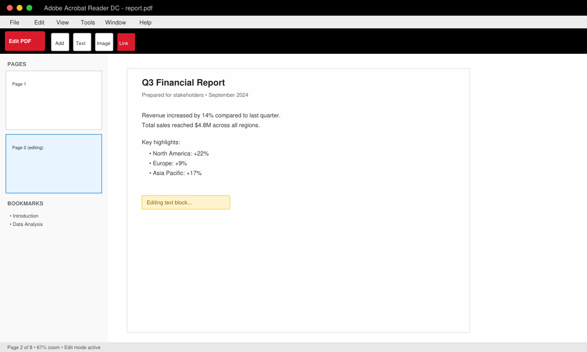 شاشة البرنامج مفتوحة على ملف PDF مع أدوات التعديل ظاهرة
