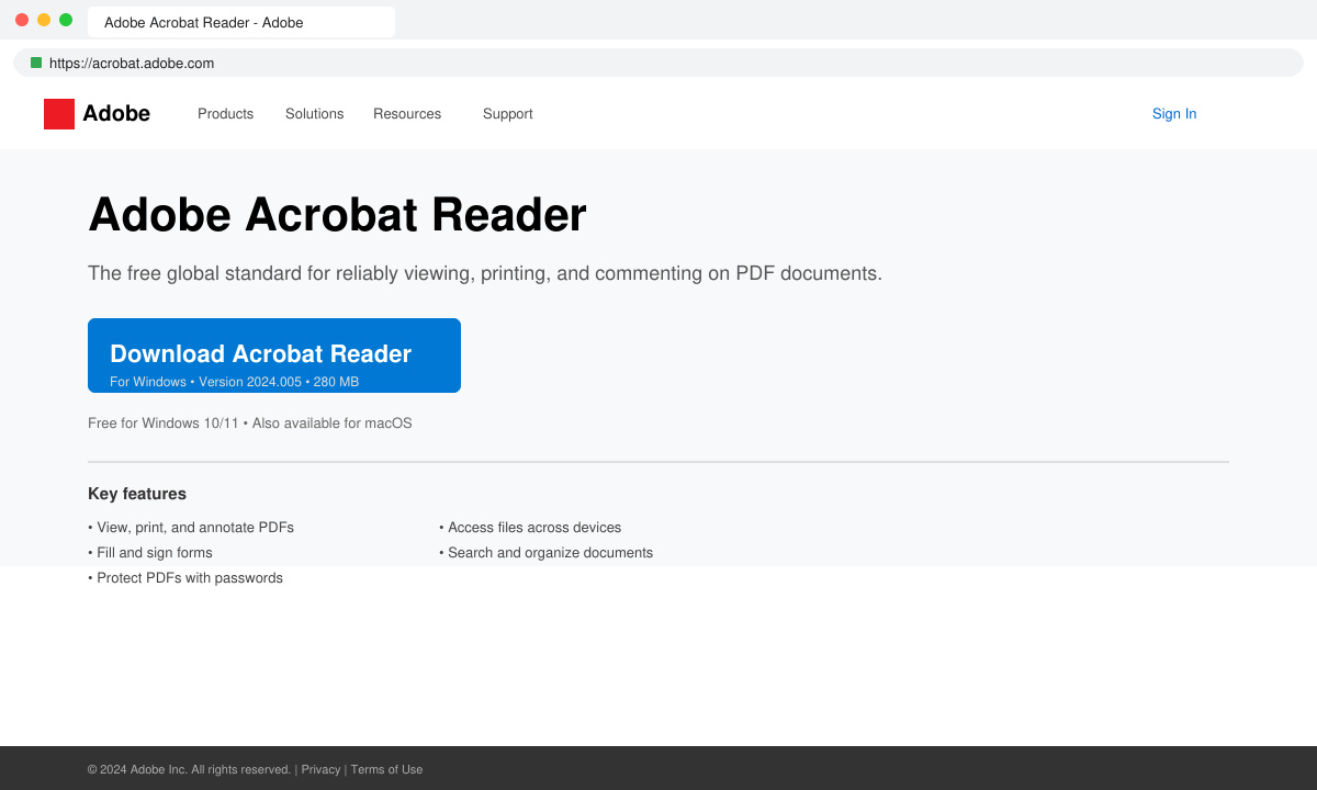 Screenshot of the official Adobe Acrobat Reader download page with the download button highlighted