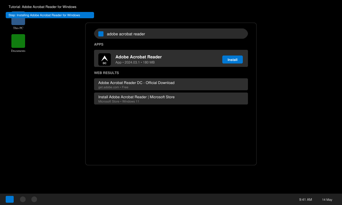 Windows Start menu search showing Adobe Acrobat Reader listed and ready to open