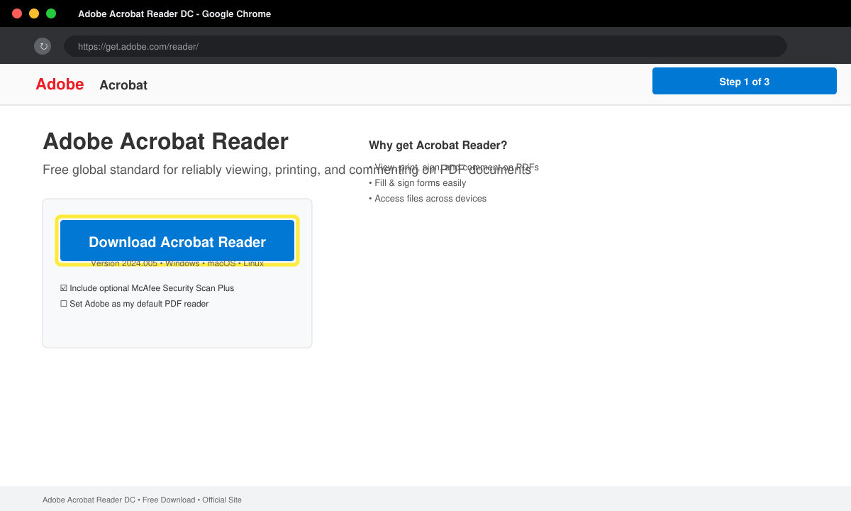 Screenshot of the Adobe Acrobat Reader download page highlighting the official blue Download button
