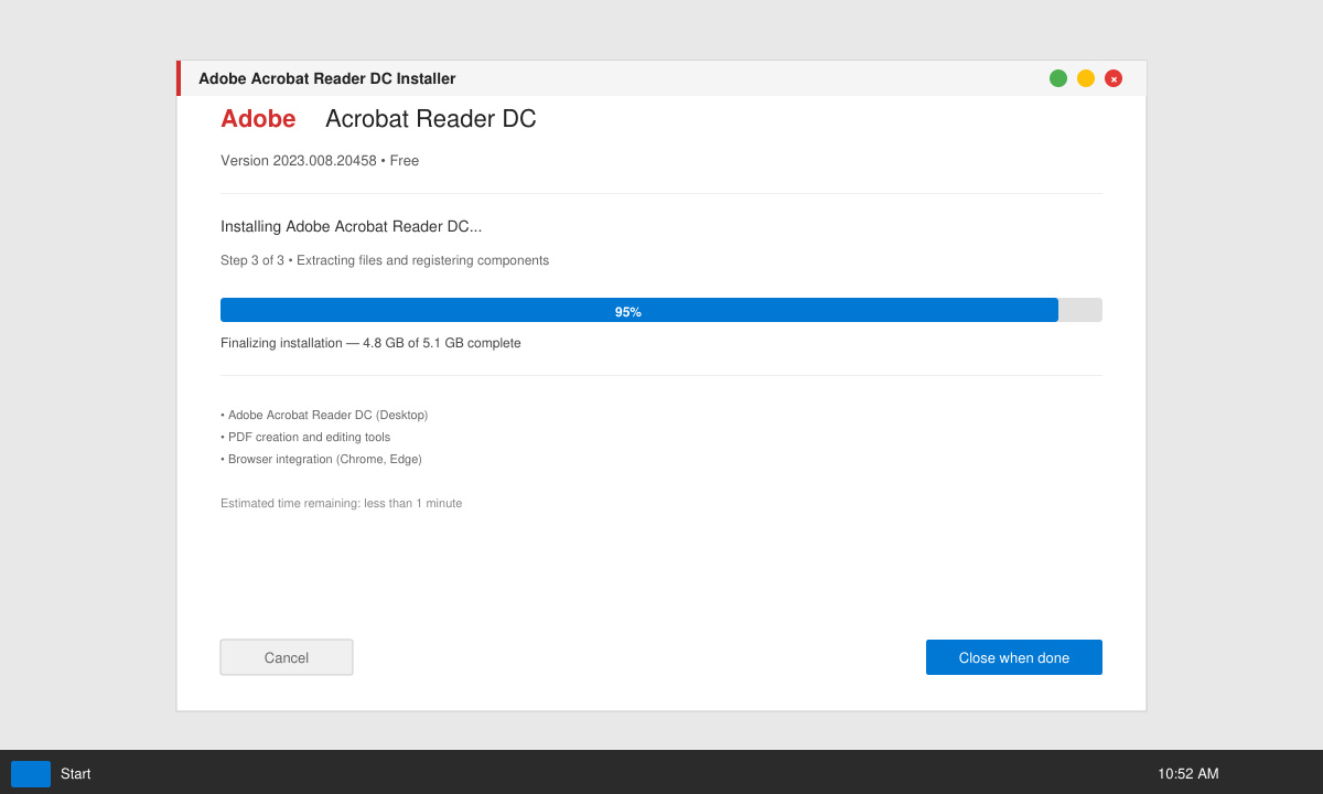 Installer progress screen showing the Adobe Acrobat Reader setup completing successfully