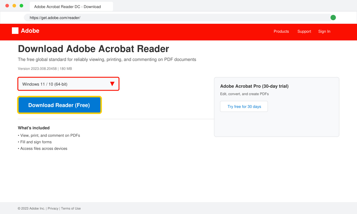 Screenshot of the Adobe download page with the Reader Free Version button highlighted