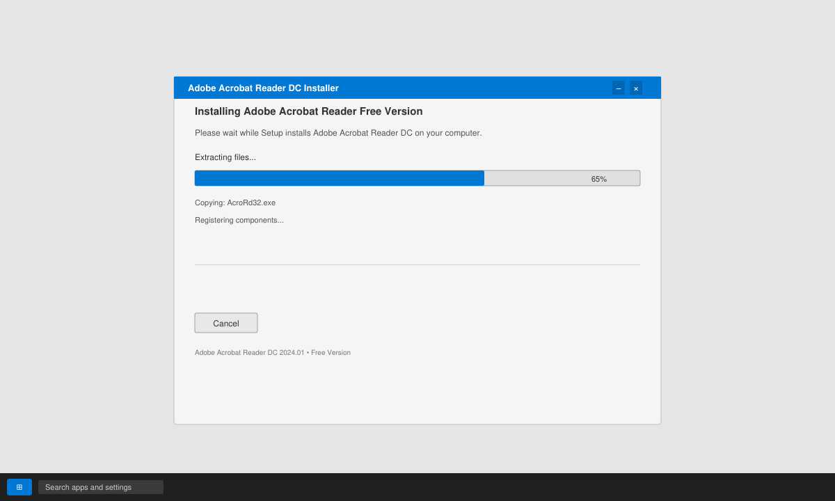 Installation wizard window during Adobe Acrobat Reader Free Version setup