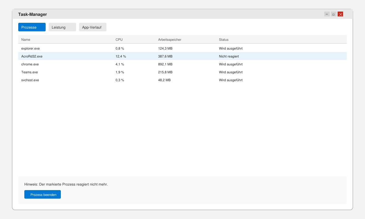 Task-Manager Fenster mit markiertem Adobe Acrobat Reader Prozess