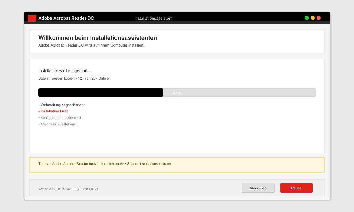 Installationsassistent von Adobe Acrobat Reader mit Fortschrittsbalken