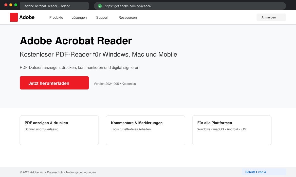 Browserfenster mit der Adobe Download-Seite für Acrobat Reader