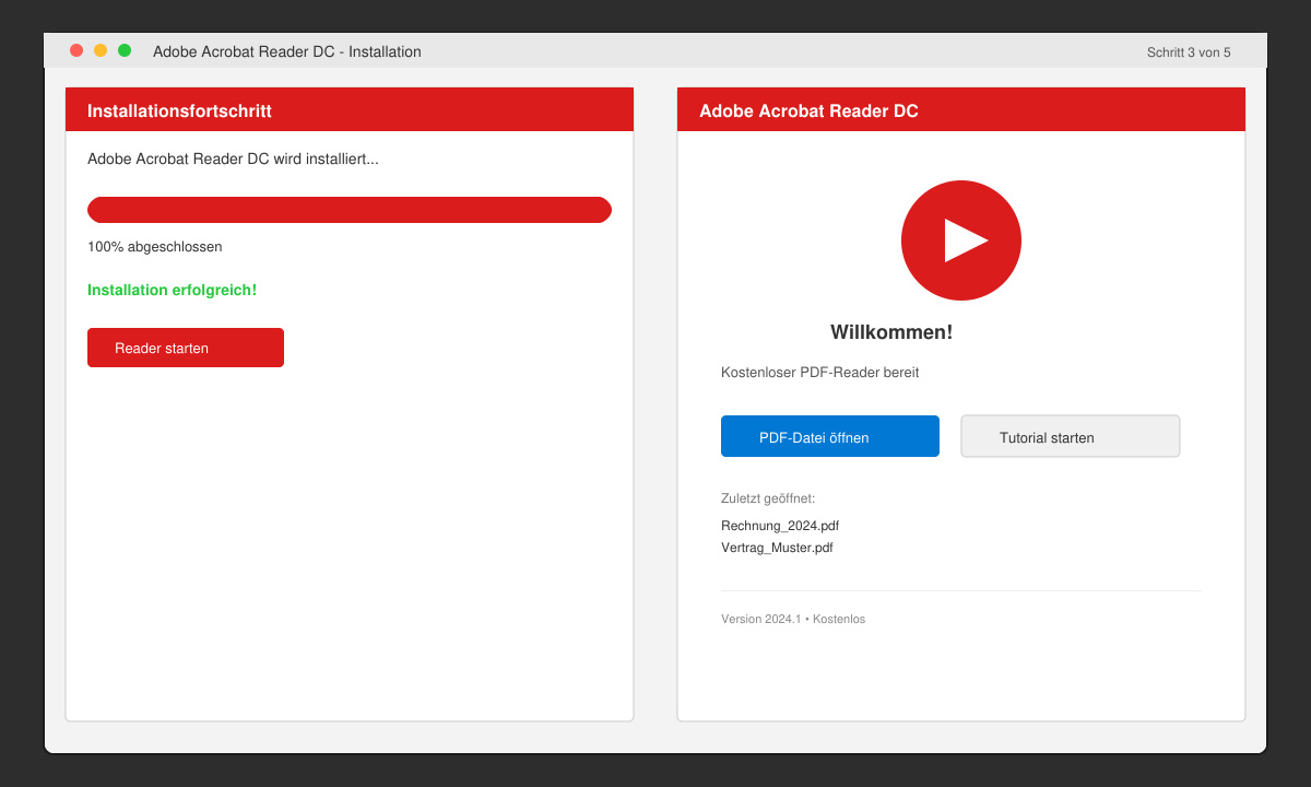 Installationsfortschritt und erfolgreicher Startbildschirm des Readers