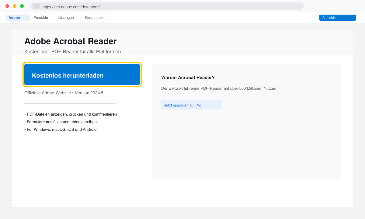 Browserfenster mit der Adobe Download-Seite und hervorgehobenem Button