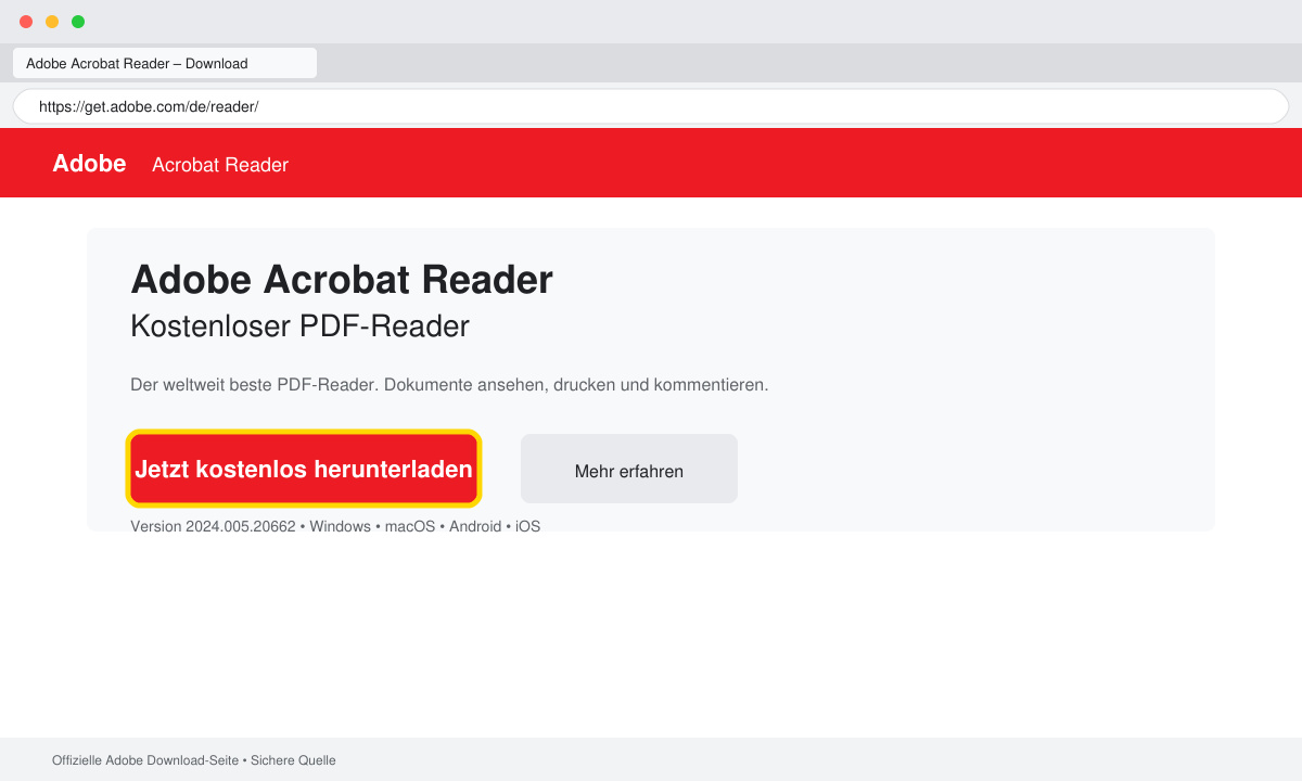 Browserfenster mit der Adobe Download-Seite und hervorgehobener Download-Schaltfläche