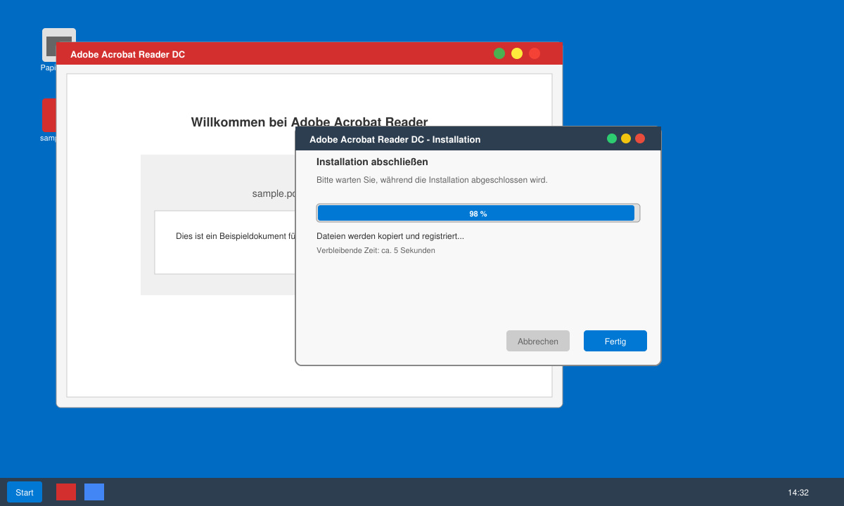 Installationsfenster mit Fortschrittsbalken und geöffnetem Acrobat Reader auf dem Desktop