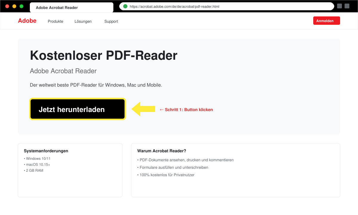 Browserfenster mit Adobe-Website und hervorgehobenem Download-Button für Acrobat Reader