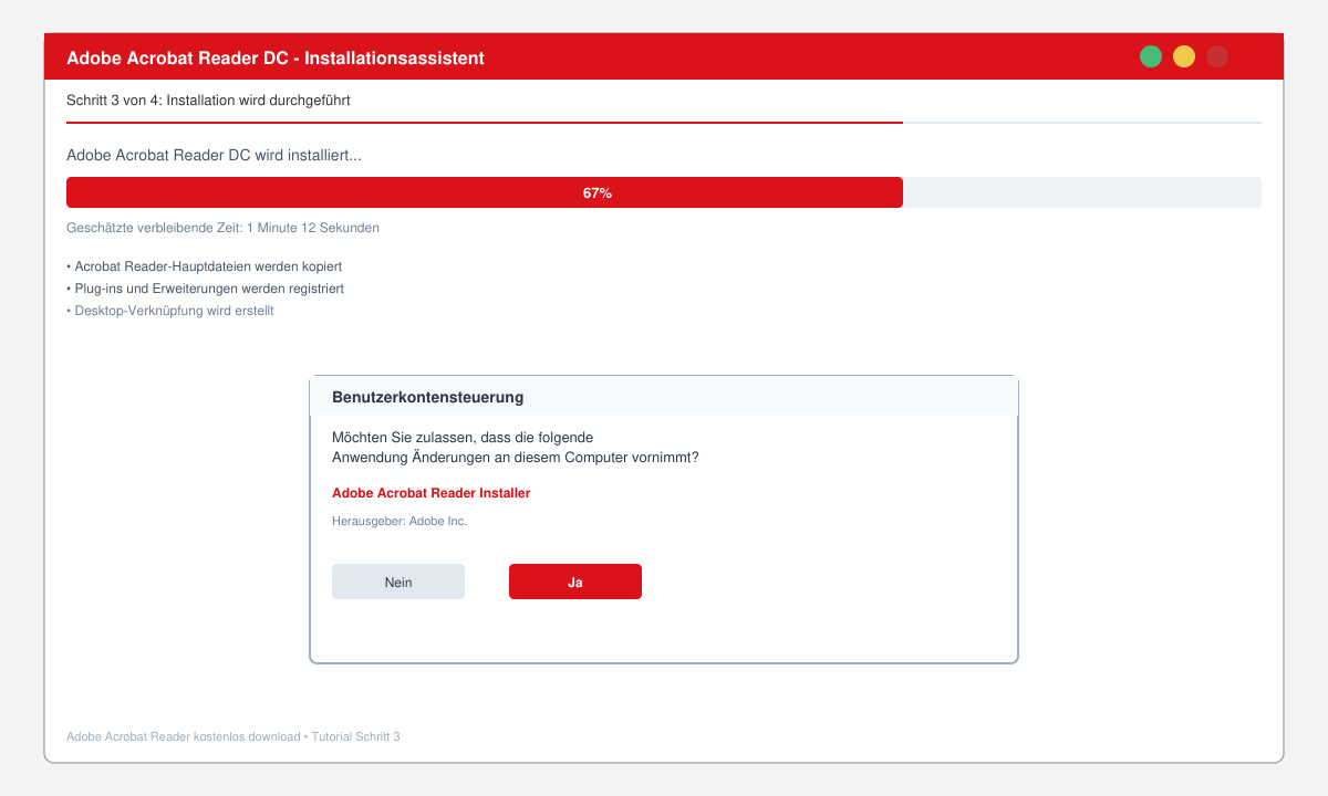 Installationsfenster des Adobe Acrobat Reader mit Fortschrittsbalken