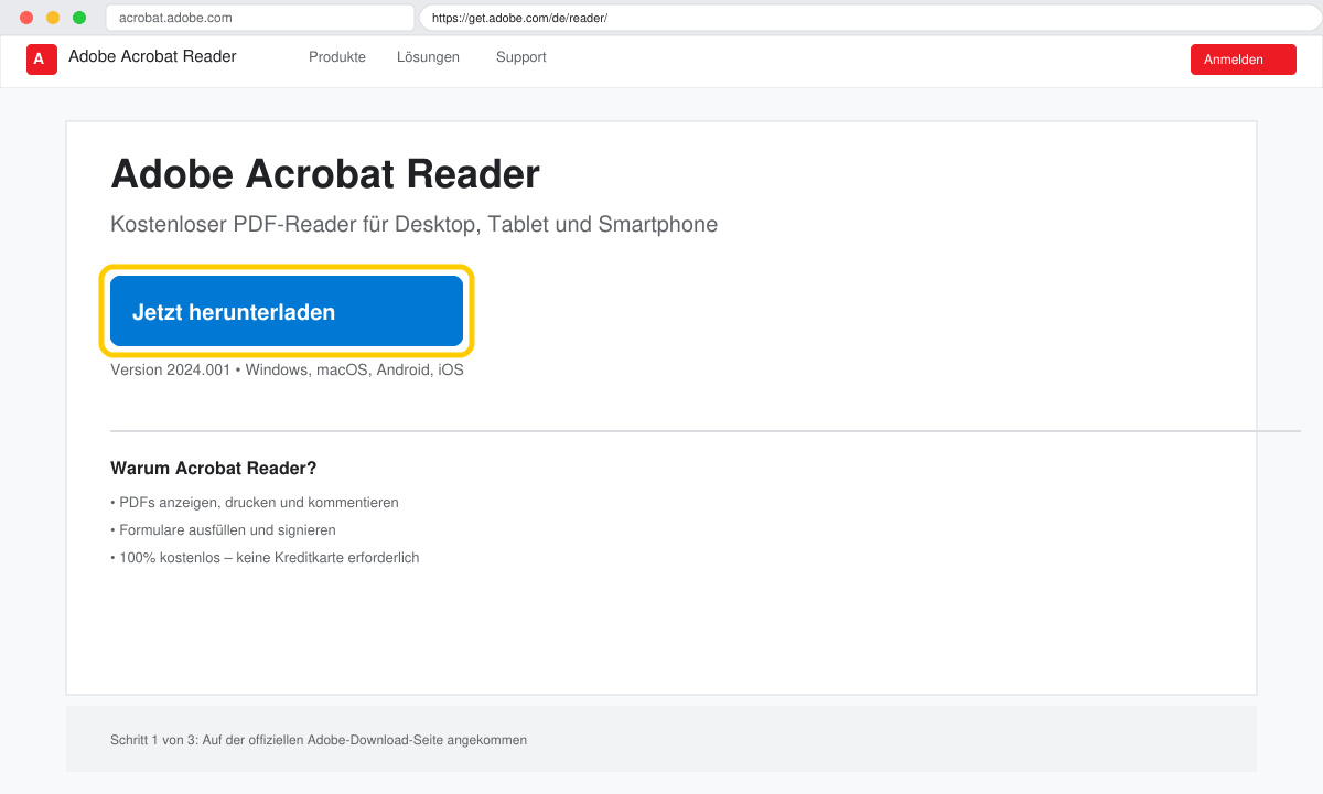 Browserfenster mit der Adobe Download-Seite und hervorgehobener Download-Schaltfläche