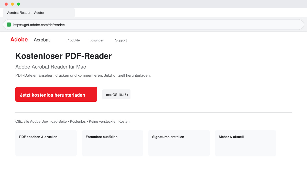 Bildschirm mit der Download-Schaltfläche für Acrobat Reader auf der Adobe-Website