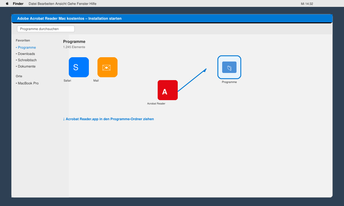 Drag-and-Drop der Acrobat Reader App in den Programme-Ordner auf macOS