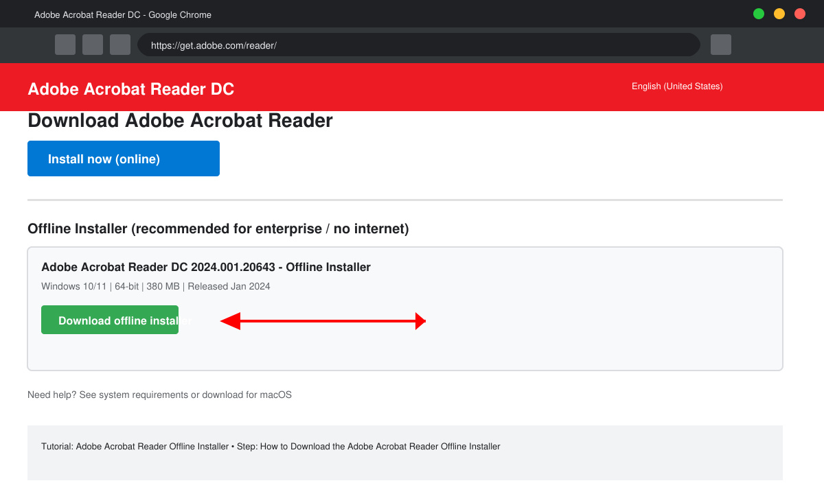 Screenshot of the Adobe download page highlighting the offline installer link