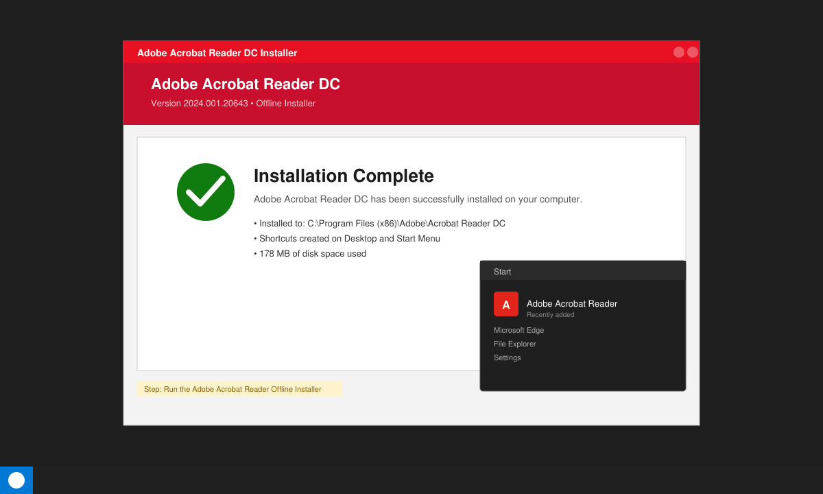 Final installation complete screen with Adobe Acrobat Reader icon on the Windows Start menu