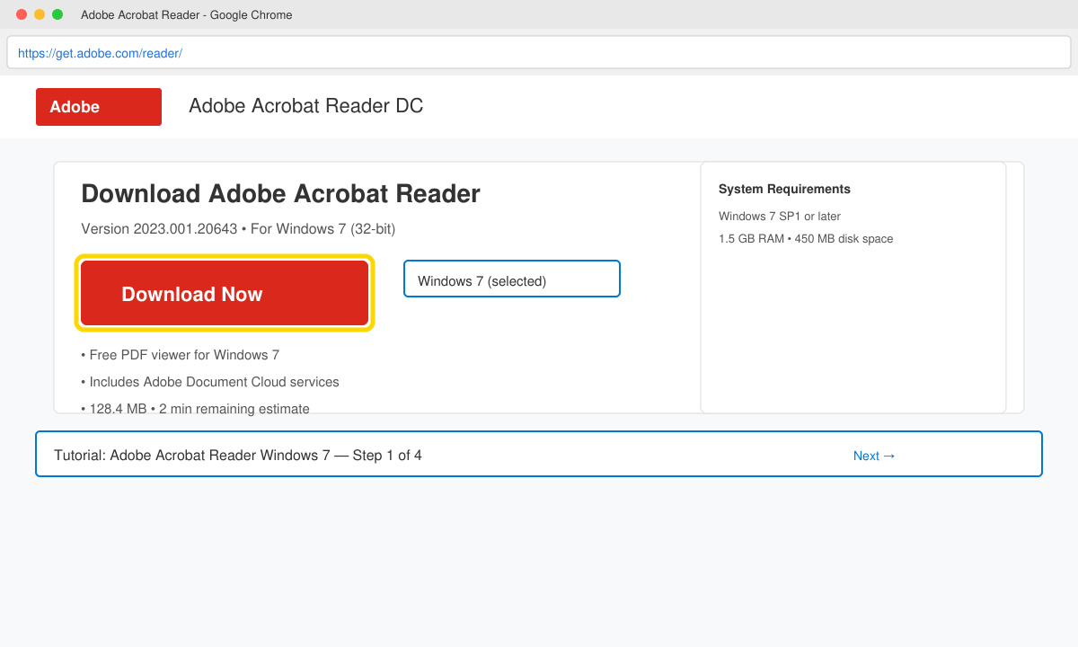 Screenshot of the official Adobe download page with the Download button highlighted
