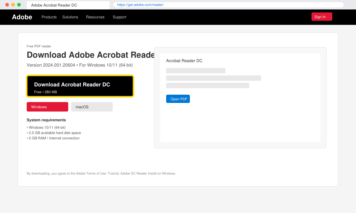 Screenshot of the official Adobe download page highlighting the Windows Acrobat Reader DC button