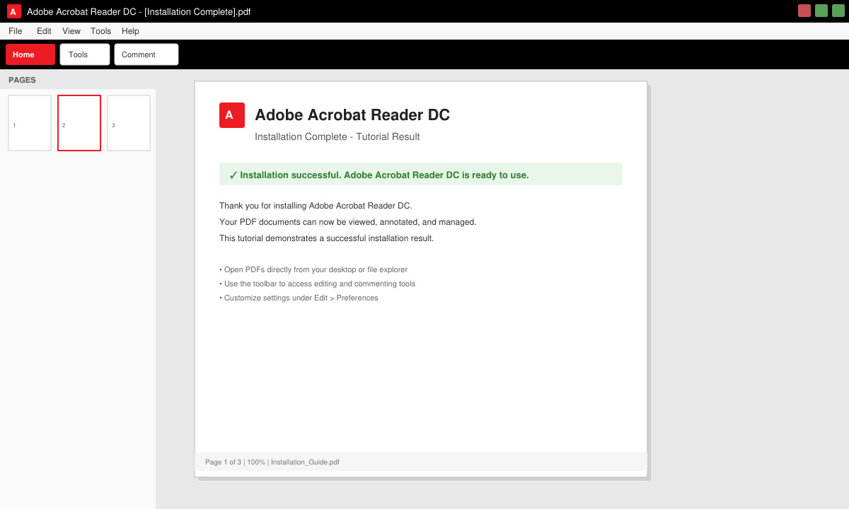 Final screen showing Adobe Acrobat Reader DC successfully opened with a PDF document loaded