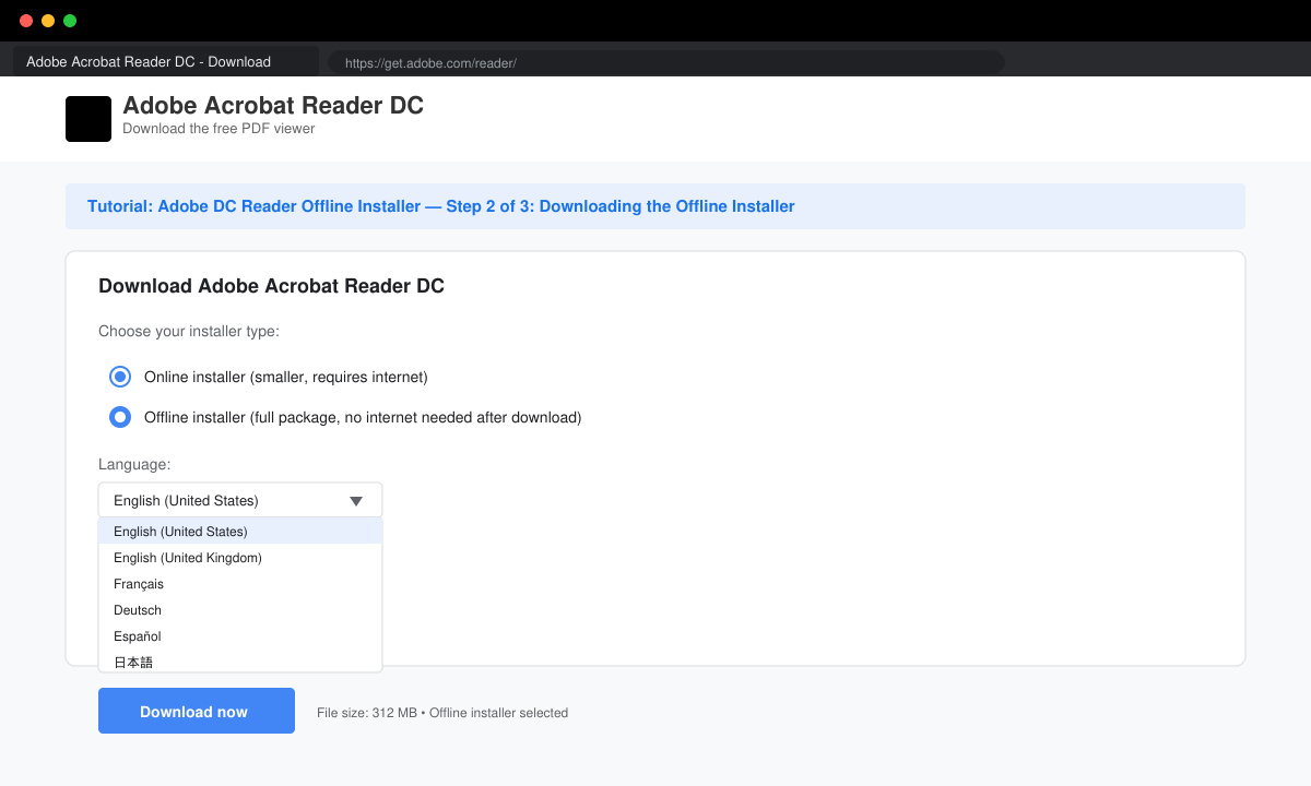 Screenshot of the Adobe download page highlighting the offline installer selection