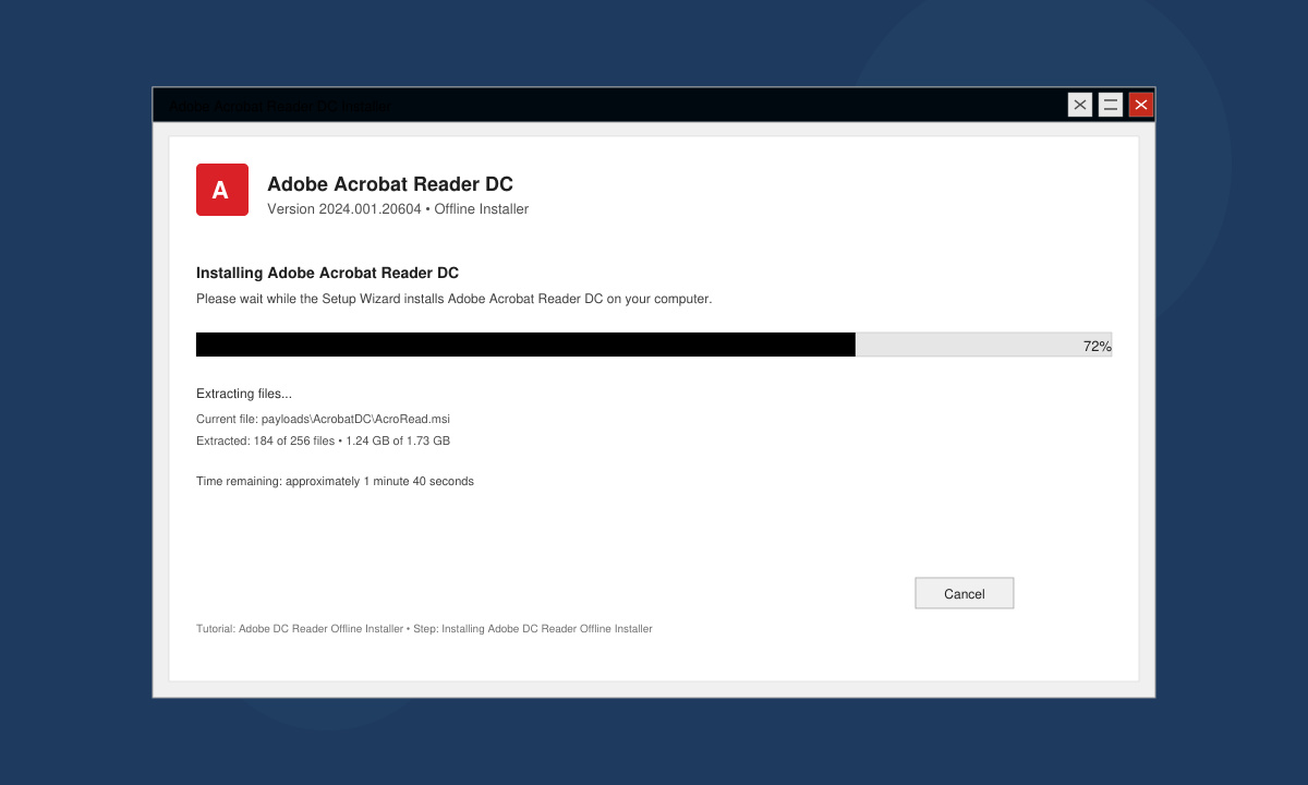 Windows installation progress screen for Adobe Acrobat Reader DC