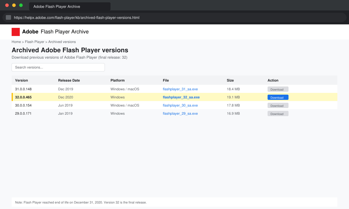 Step showing Adobe Download Flash Player archive selection screen